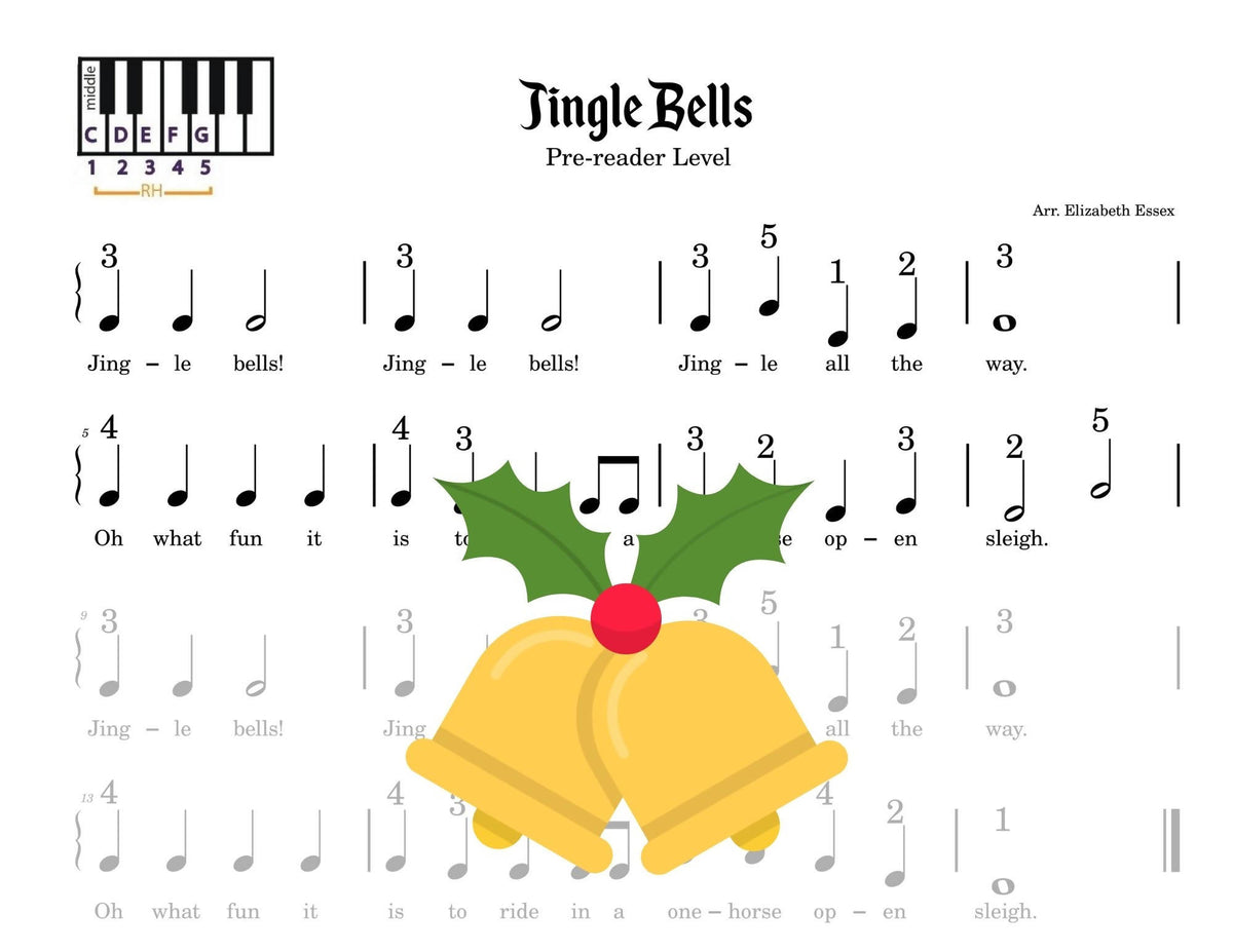 Jingle Bells Christmas carol Finger Numbers Notation on white keys