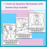 Winter Color by Dynamics Worksheets - Music Dynamics Activities