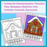 Color by Dynamics Music Worksheet | Winter Gingerbread House