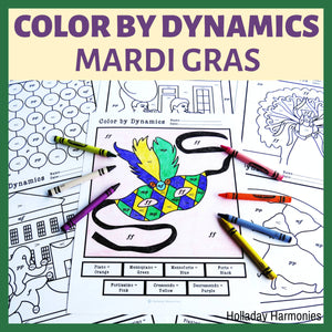 Mardi Gras Color by Dynamics Worksheets | Music Dynamics Activities
