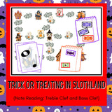 "Halloween In Slothland" Bundle | Music Escape Room, 3 Games, Incentive Sheets, Worksheets