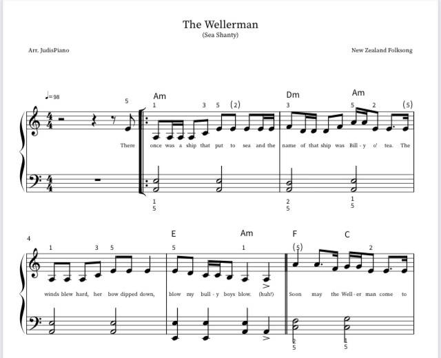 THE WELLERMAN (Sea Shanty) MULTIPLE LEVEL piano solo with lyrics & cho ...