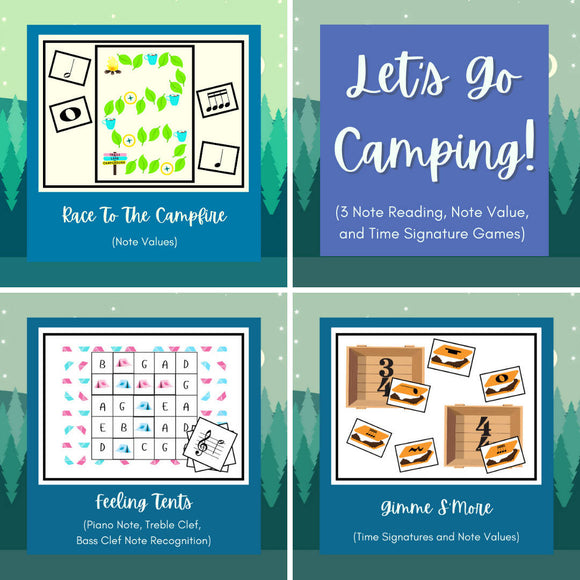 Let's Go Camping! | 3 Note Reading, Note Value, and Time Signature Games