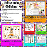 "Halloween In Slothland" Bundle | Music Escape Room, 3 Games, Incentive Sheets, Worksheets