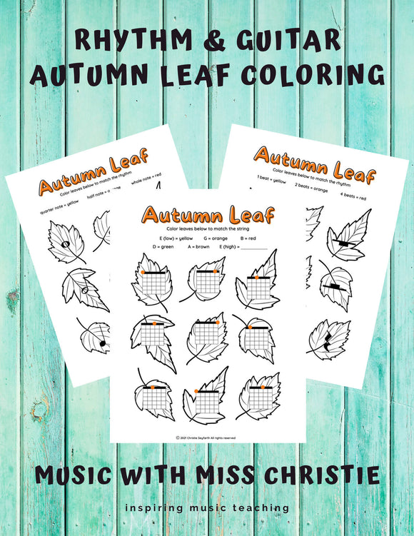 Autumn Leaf Music Coloring Worksheets: Rhythm & Guitar