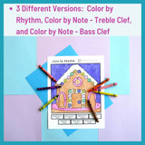 Color by Note and Color by Rhythm Music Worksheet | Winter Gingerbread House