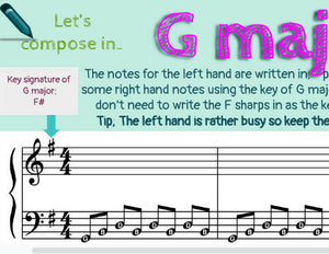 Fun composing activity for beginner piano student in G major