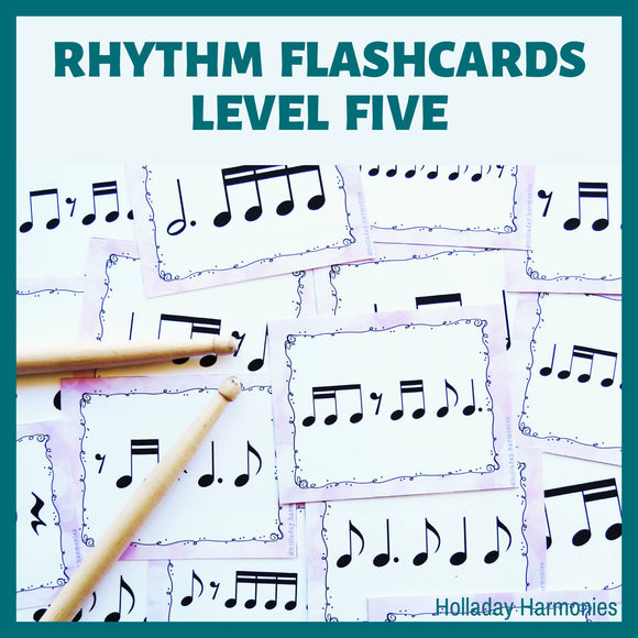 Four Beat Rhythm Music Flashcards Level Five - Dotted Quarter Note and Sixteenth Notes (Groups of Two)