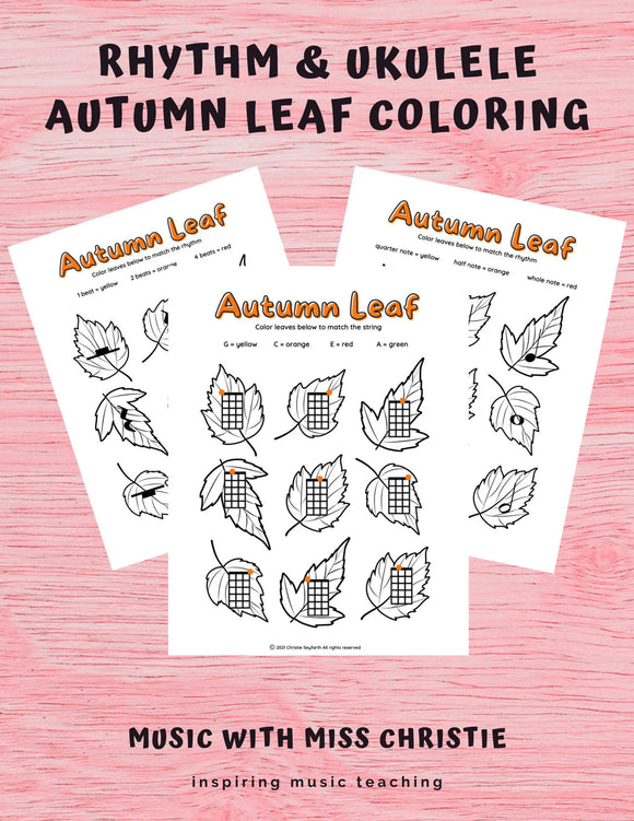 Autumn Leaf Music Coloring Worksheets: Rhythm & Ukulele