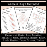 Elements of Music Word Puzzles - Word Search, Crossword, and Word Scramble