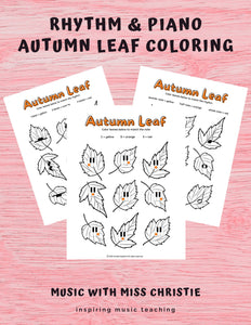 Autumn Leaf Music Coloring Worksheets: Rhythm & Piano