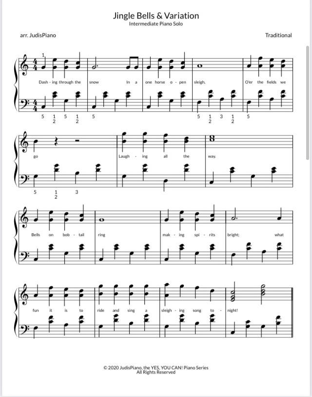 Jingle Bells & a Variation Early Intermediate Piano Solo arr. Judi
