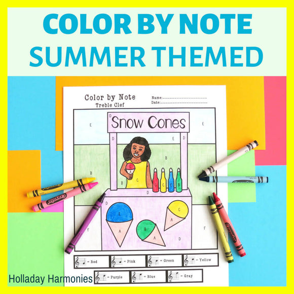 Summer Themed Color by Note - Treble Clef and Bass Clef | End of Year Activities