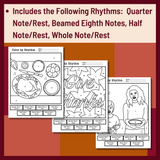 Thanksgiving Color by Rhythm Worksheets | Fall Music Activities