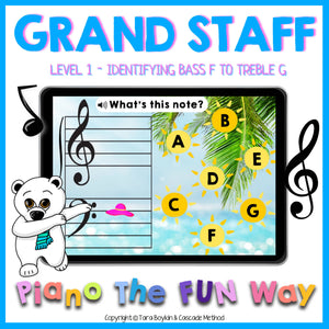 Boom Cards: Grand Staff Level 1 Summer Edition (Bass F to Treble G)